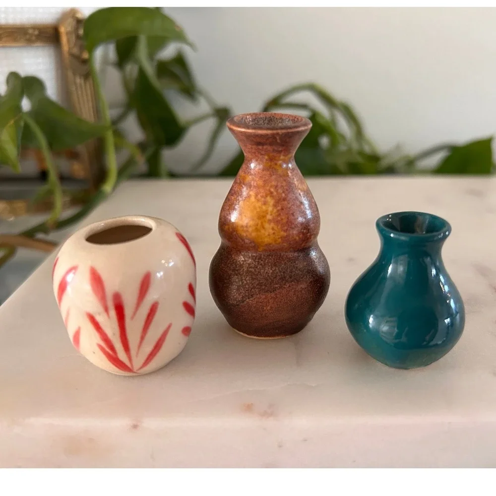 Miniature Ceramic Bud Vase Set of 3 Signed ML Artisan Pottery Teal Bronze Red